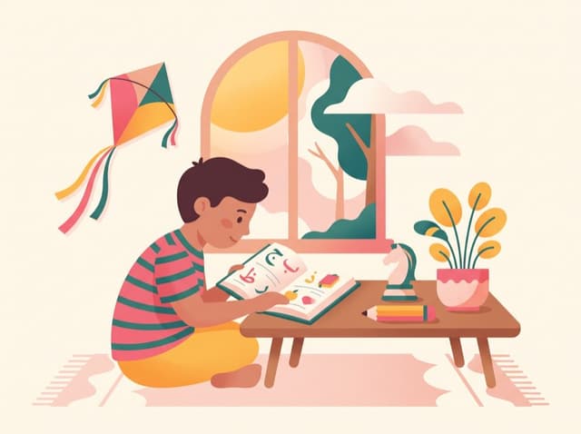 A child at a desk with a book open in front of them.